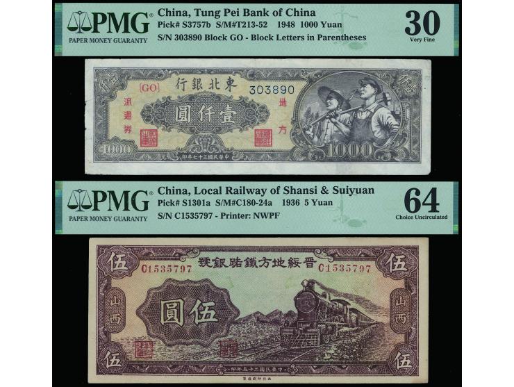 namely Tung Pei Bank of China 1948 1000 Yuan and Local Railway of Shansi &amp; Suiyuan 1936 5 Yuan (P-S3757b, S1301a). Graded