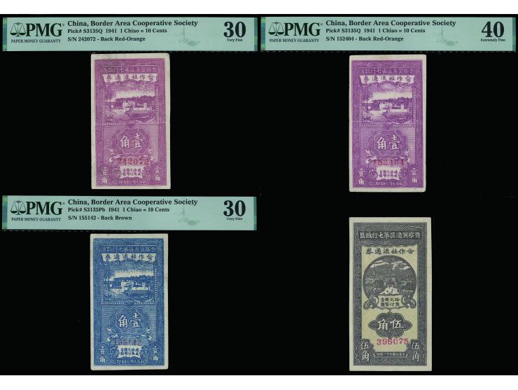 1941 Blue 1 Chiao, Pink 1 Chiao x 2 &amp; 1942 5 Chiao (P-S3135Pb, S3135Q). Graded PMG30, 30, 40 and ungraded AU respectively