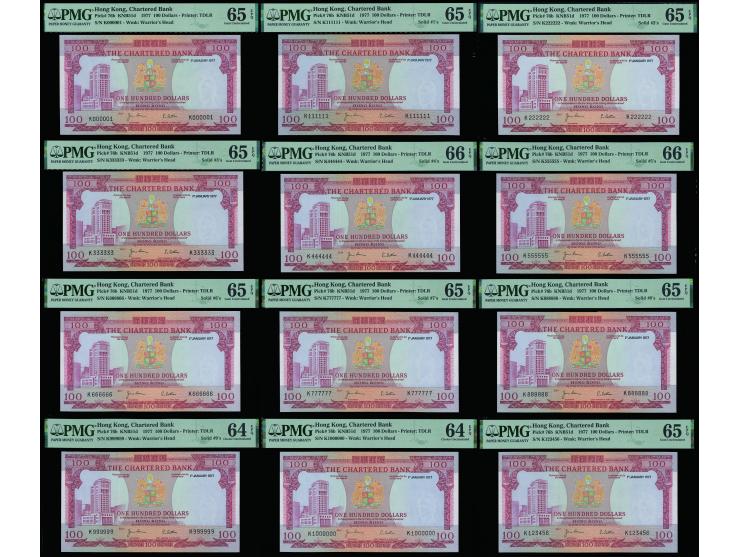 1977 $100 x 12 (KNB51d), all under same Prefix K and with fantastic lucky or solid serial nos.: 000001, 111111, 2222222, 3333