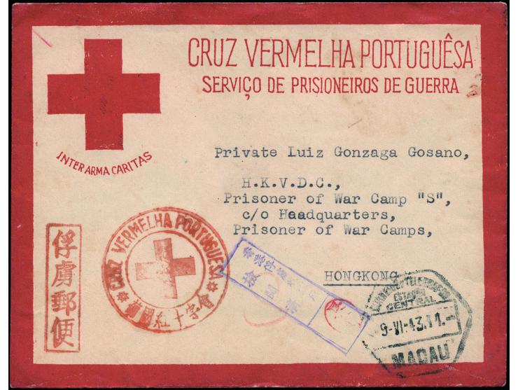bearing Portuguese Red Cross mark, Macau octagonal datestamp and Hong Kong censor marking. Extremely rare. VF.